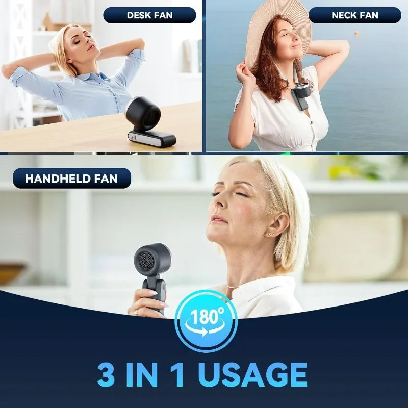 3-in-1 Mini Travel Fan | 5-Speed Rechargeable, 3600mAh Battery, USB Charging
