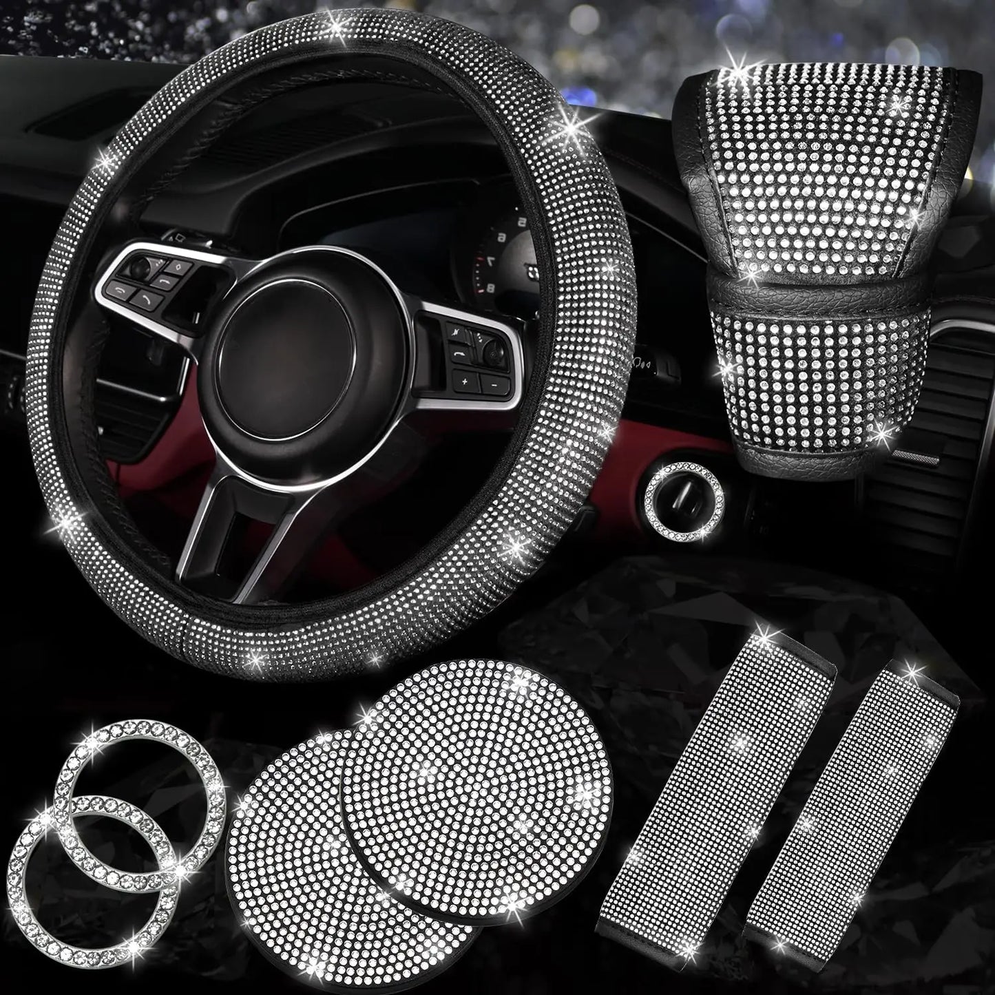 8 Pcs Bling Rhinestone Car Accessories Set for Women – Diamond Steering Wheel Cover & Sparkly Seat Belt Covers