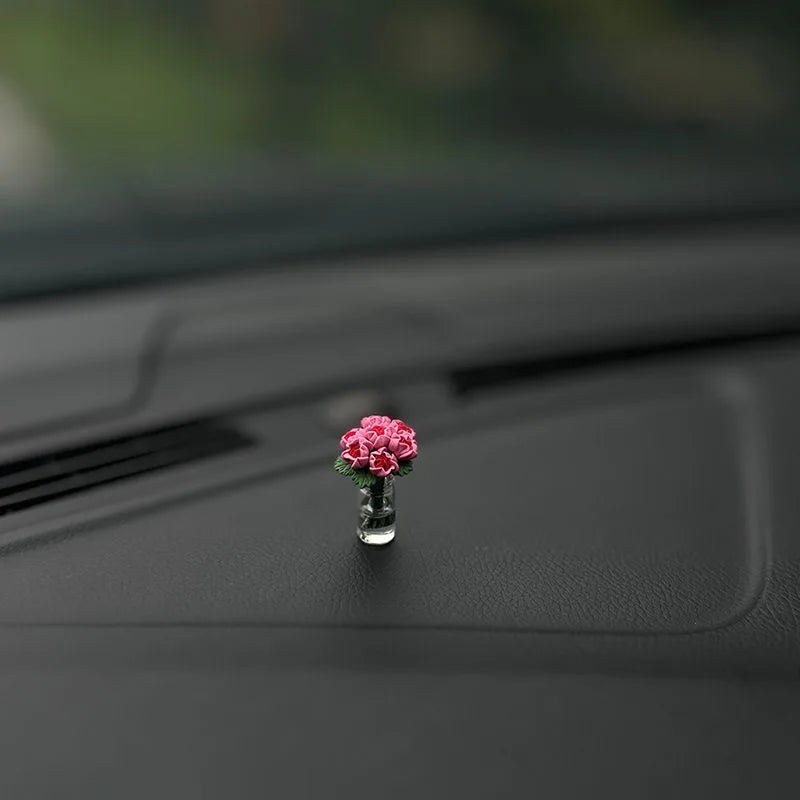 Mini Rose & Sunflower Car Vase Ornament – Cute Center Console Decoration & Car Gift Accessory