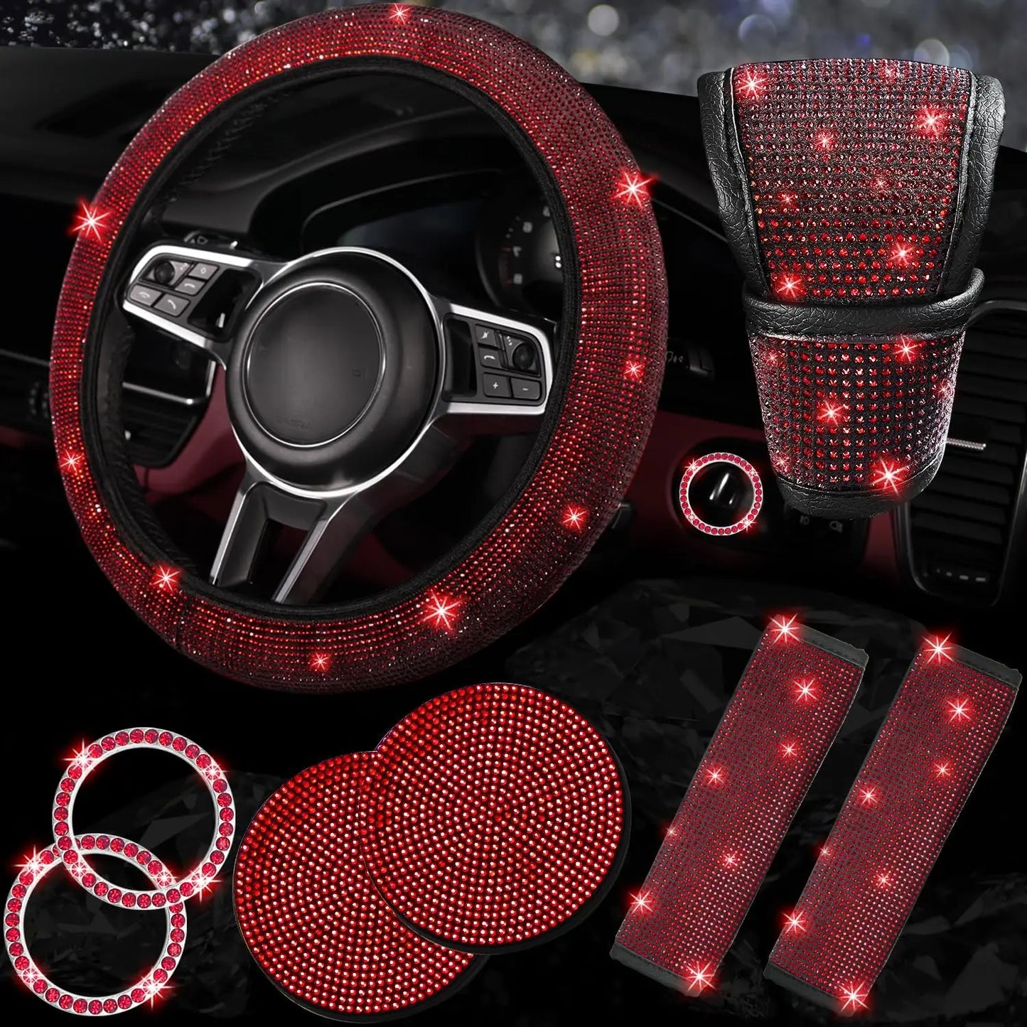 8 Pcs Bling Rhinestone Car Accessories Set for Women – Diamond Steering Wheel Cover & Sparkly Seat Belt Covers