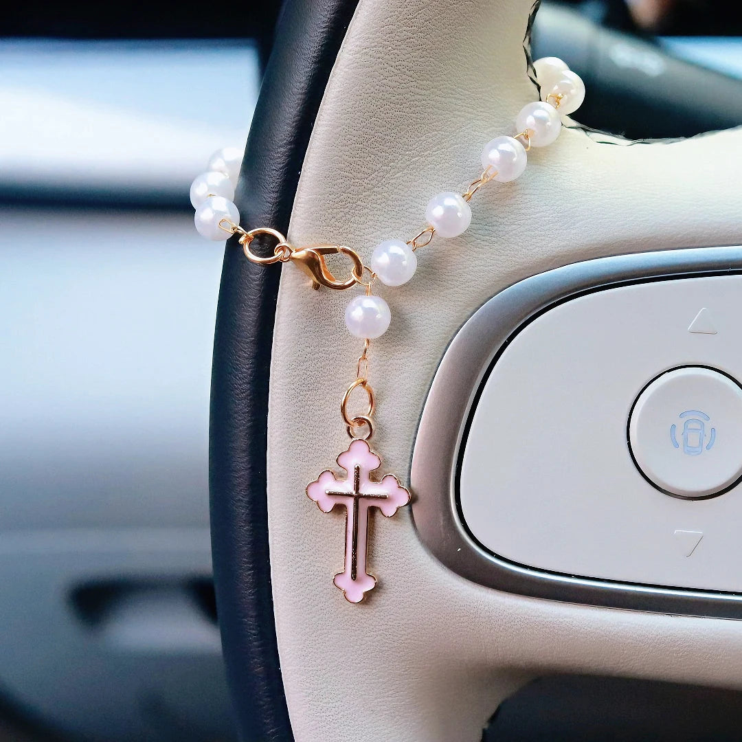 Pearl Cross Car Charm Pendant – Rearview Mirror & Steering Wheel Hanging Decoration for Women