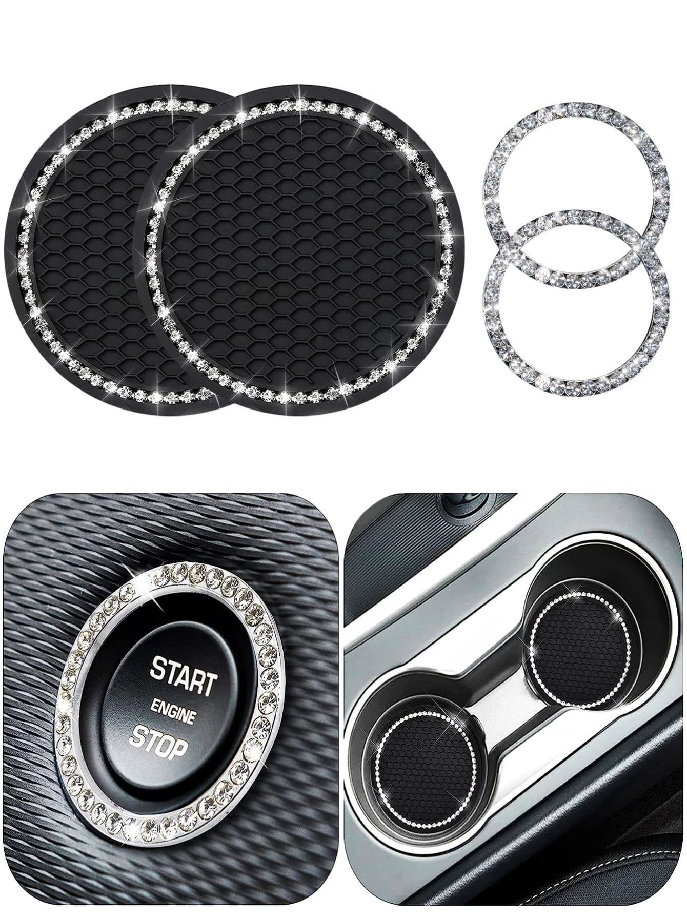 Pink Car Interior Set – Cup Holder Mats & Ignition Ring Covers | Cute Car Accessories for Women (4 Pcs)