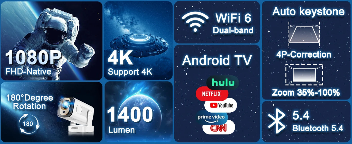 4K Native HD Projector | Android Built-In, WiFi 6