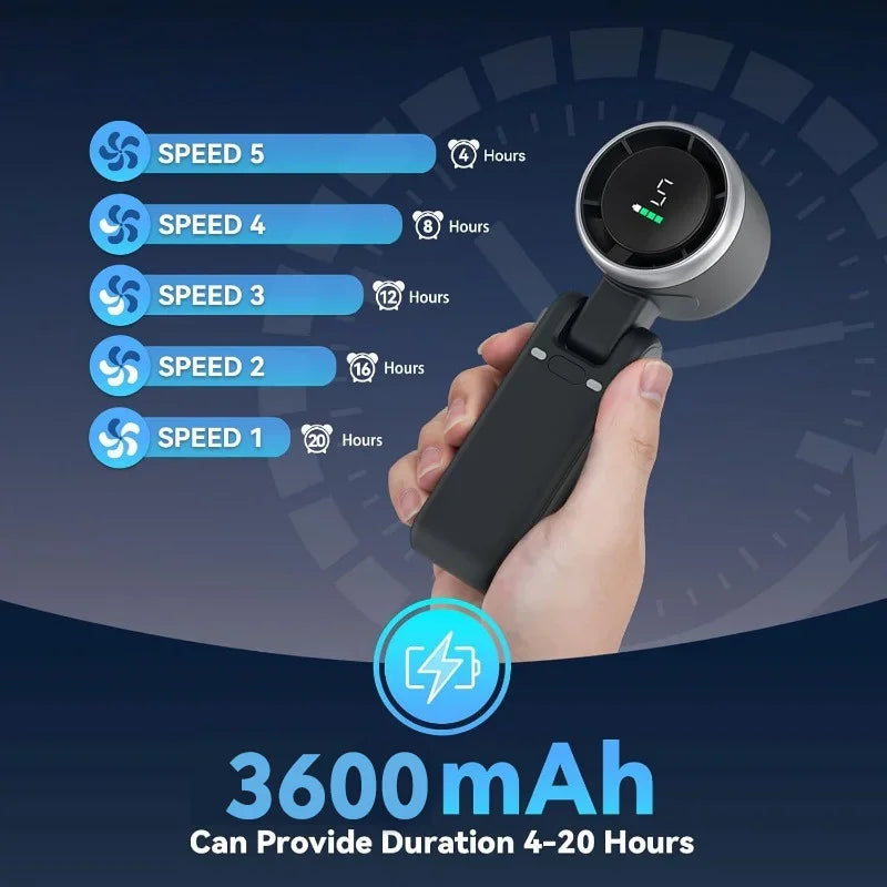 3-in-1 Mini Travel Fan | 5-Speed Rechargeable, 3600mAh Battery, USB Charging