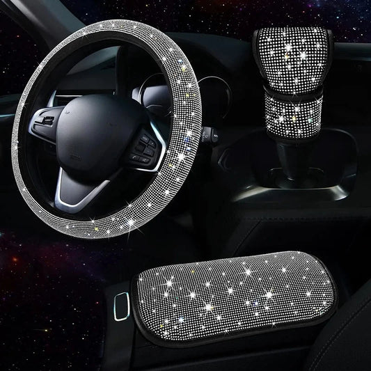 3Pcs Car Accessories Set for Women Steering Wheel Cover Gear Shift Cover Armrest Pad Mat Bling Auto Diamond Decortion Styling