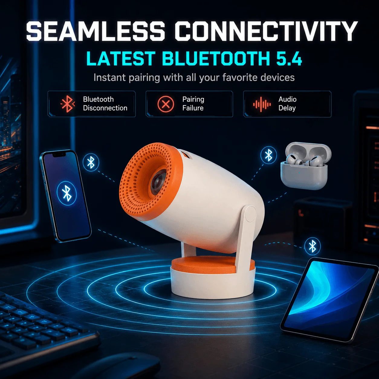Smart Android 14 Portable Projector | WiFi 6, 8K Support, 200 ANSI Lumens, Bluetooth 5.4