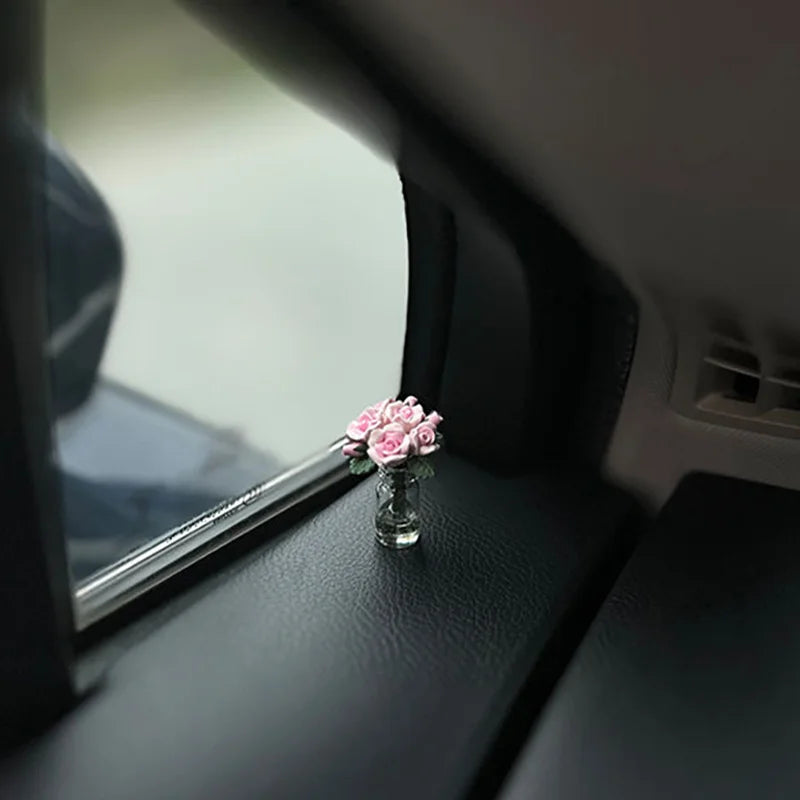 Mini Rose & Sunflower Car Vase Ornament – Cute Center Console Decoration & Car Gift Accessory
