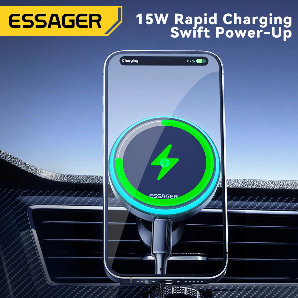 Magnetic Wireless Car Charger Mount | 15W Fast Charge, RGB Light, iPhone & Android