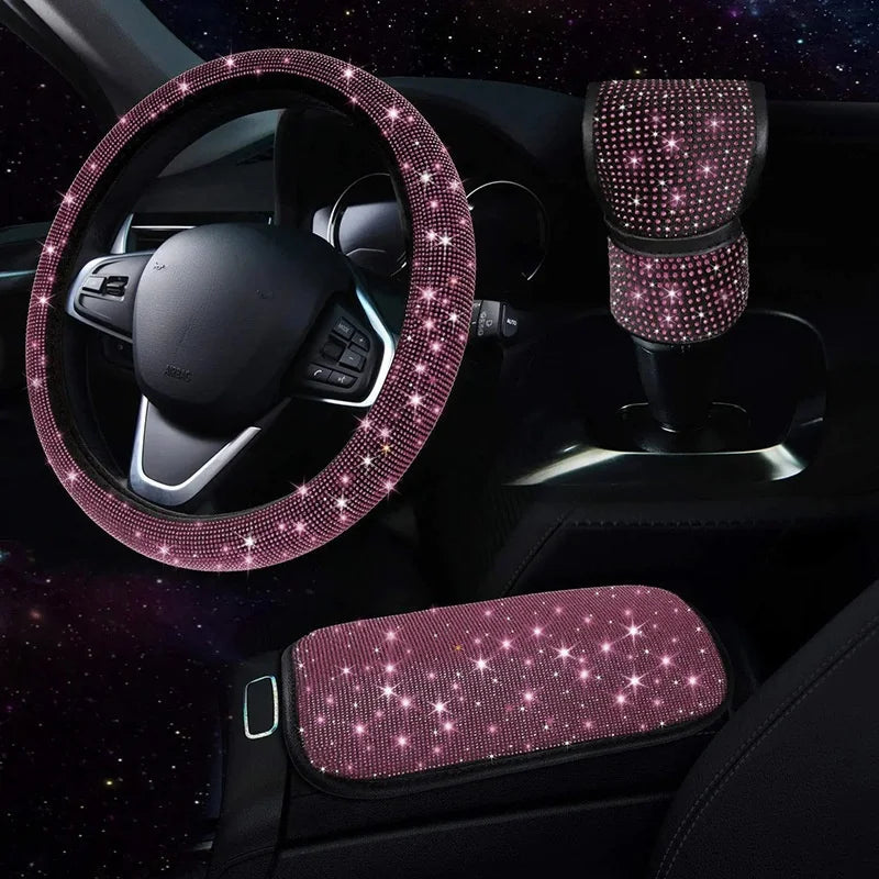 3Pcs Car Accessories Set for Women Steering Wheel Cover Gear Shift Cover Armrest Pad Mat Bling Auto Diamond Decortion Styling