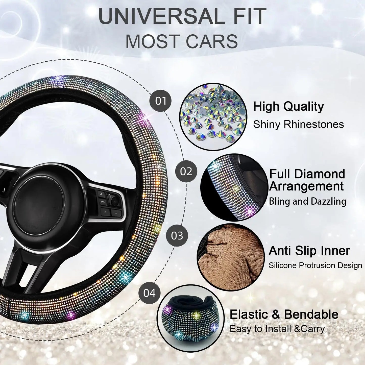8 Pcs Bling Rhinestone Car Accessories Set for Women – Diamond Steering Wheel Cover & Sparkly Seat Belt Covers