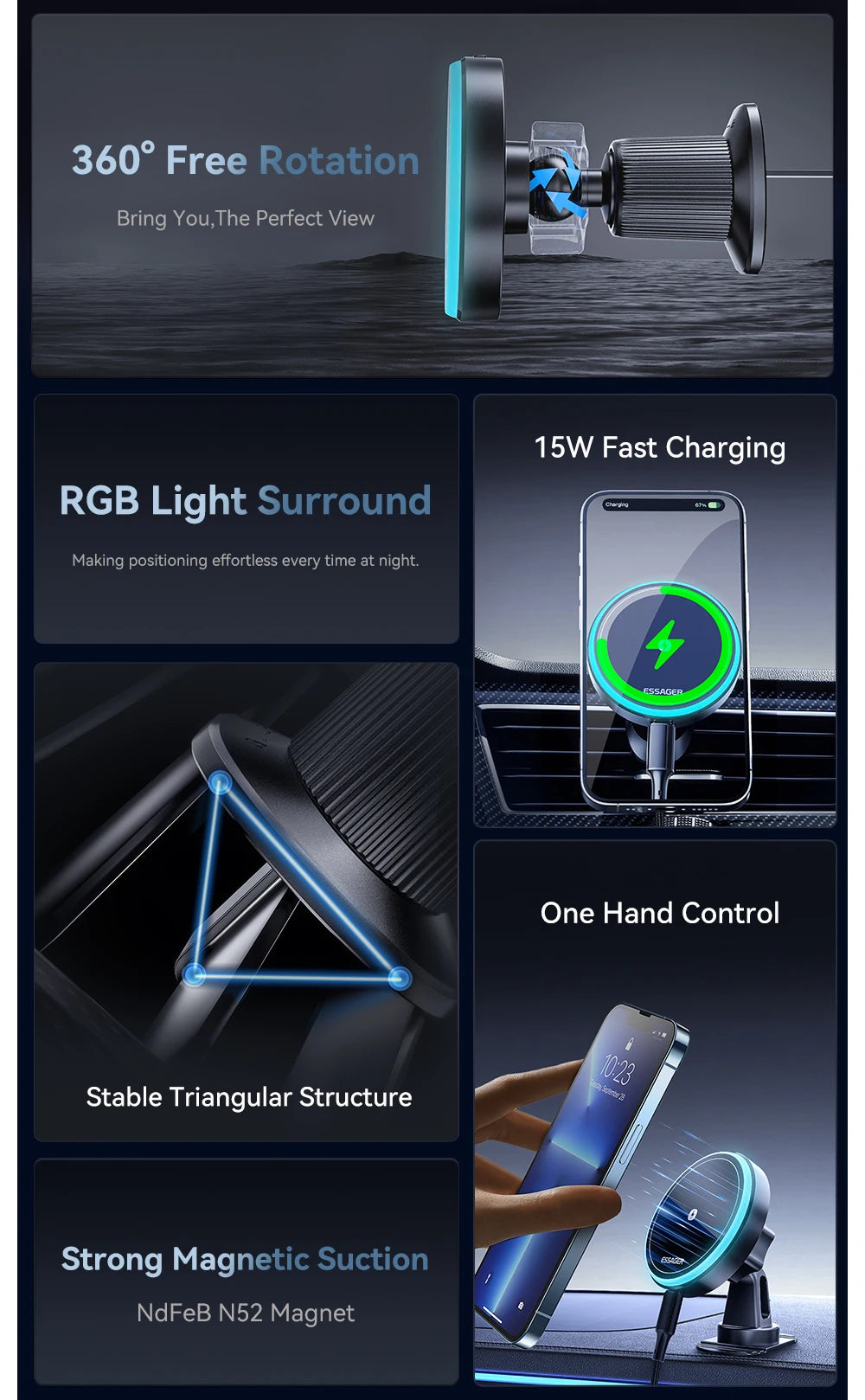 Magnetic Wireless Car Charger Mount | 15W Fast Charge, RGB Light, iPhone & Android