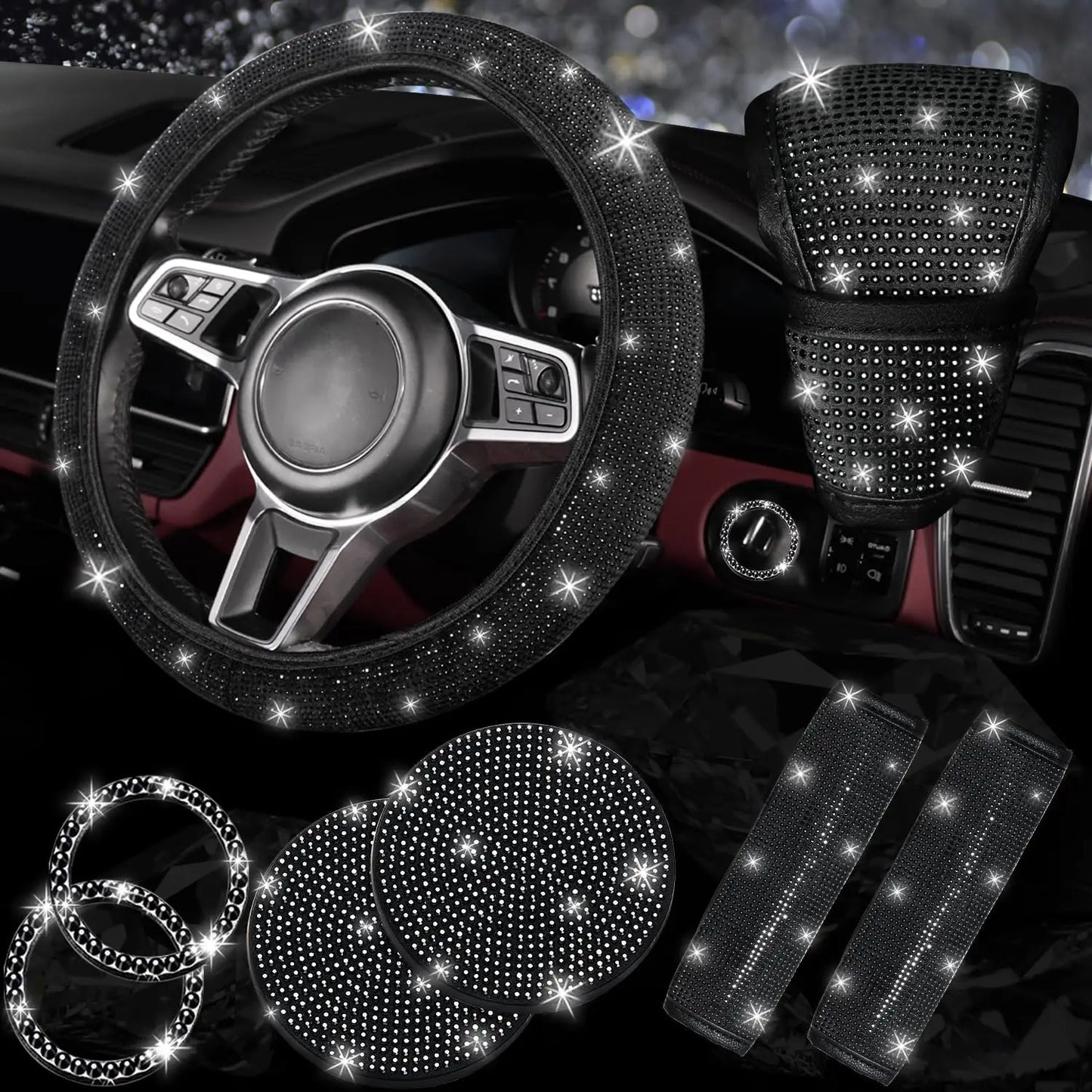 8 Pcs Bling Rhinestone Car Accessories Set for Women – Diamond Steering Wheel Cover & Sparkly Seat Belt Covers
