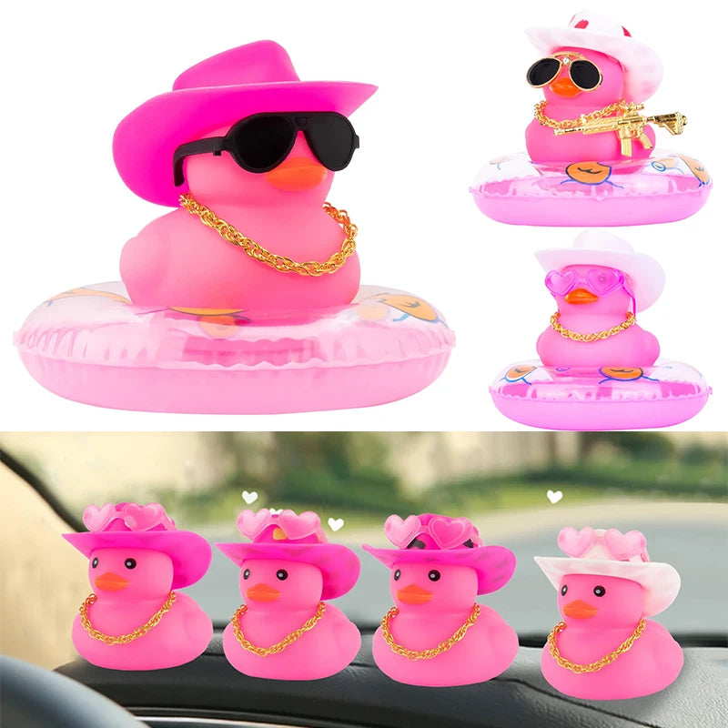 Pink Cowboy Rubber Duck Car Ornament – Cute Dashboard Decoration with Hat, Glasses & Chain