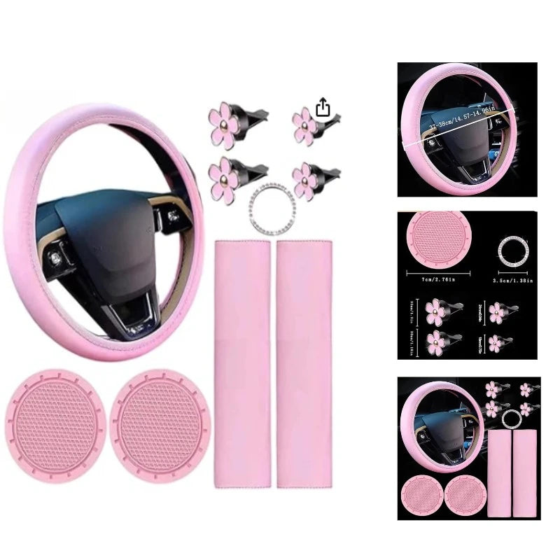Pink Steering Wheel Cover Set for Women – 10 Pcs Cute Car Accessories with Seat Belt Pads & Cup Holders (38cm)